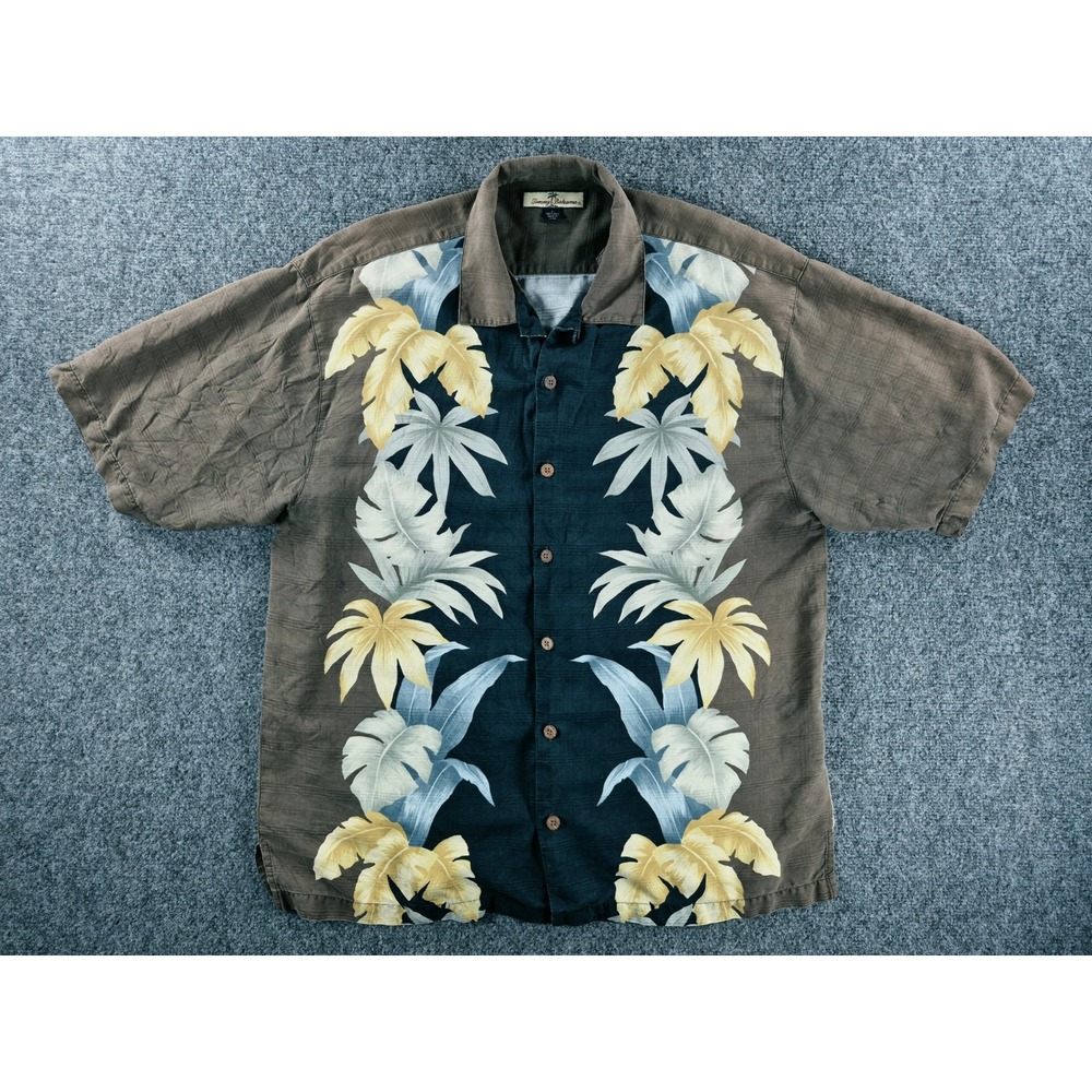 Tommy Bahama Mens Large 100% Silk Tropical Palm Leaf Print Camp Shirt Brown Teal - Picture 2 of 10